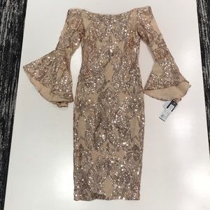 Betsy and Adam Bell Sleeve Sequin Dress Champagne